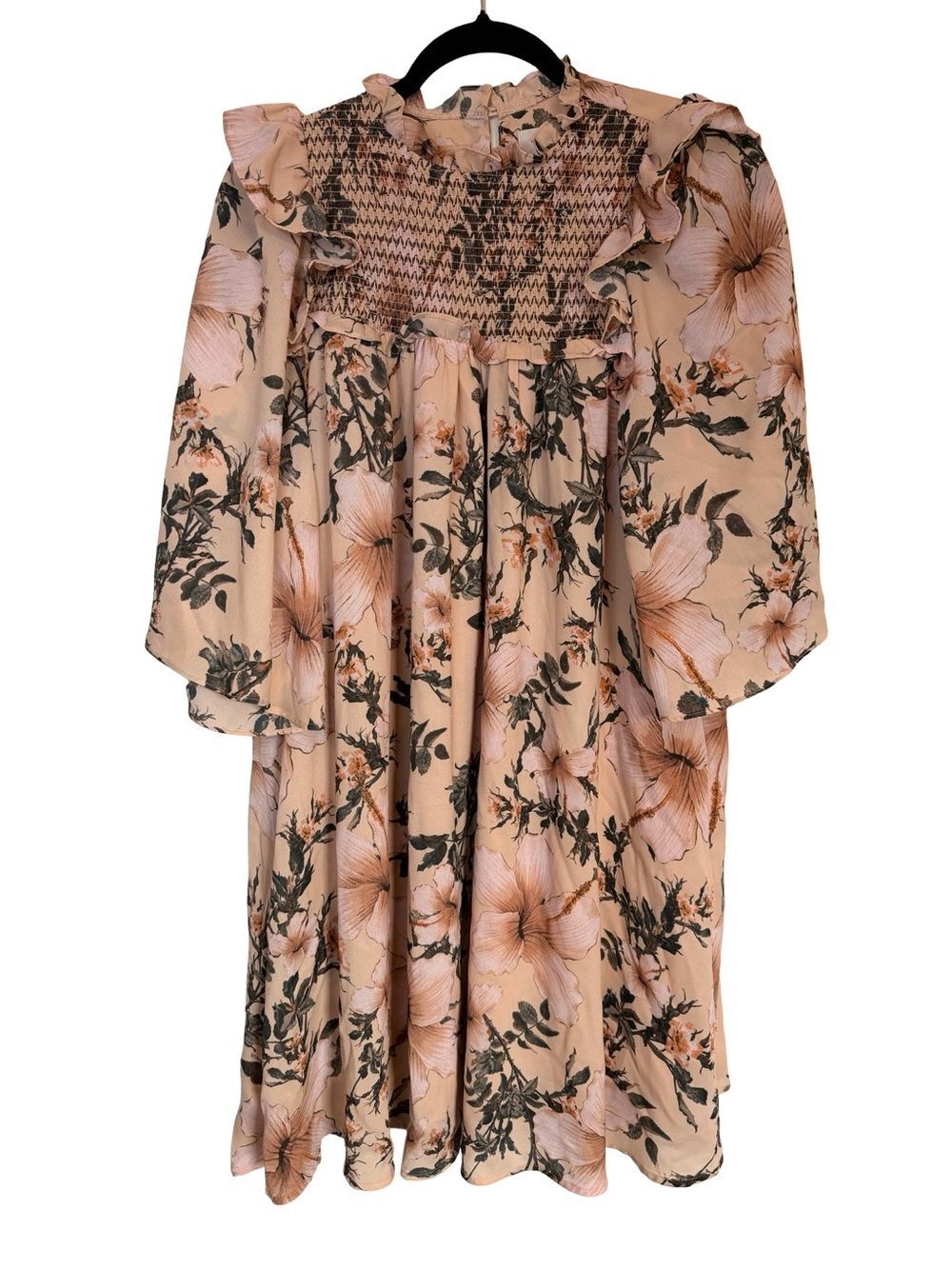 Happy X Nature Smocked Floral Hibiscus 3/4 Bell Sleeve Ruffle Nap Dress Tan Sz M